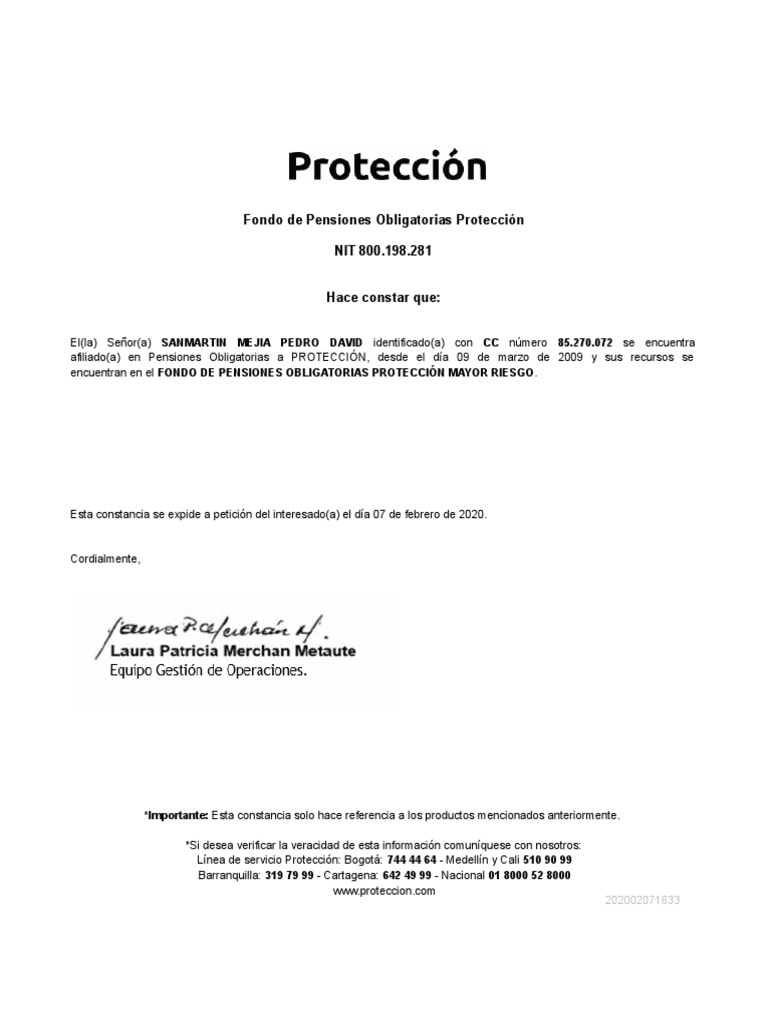 certificados de pensiones proteccion